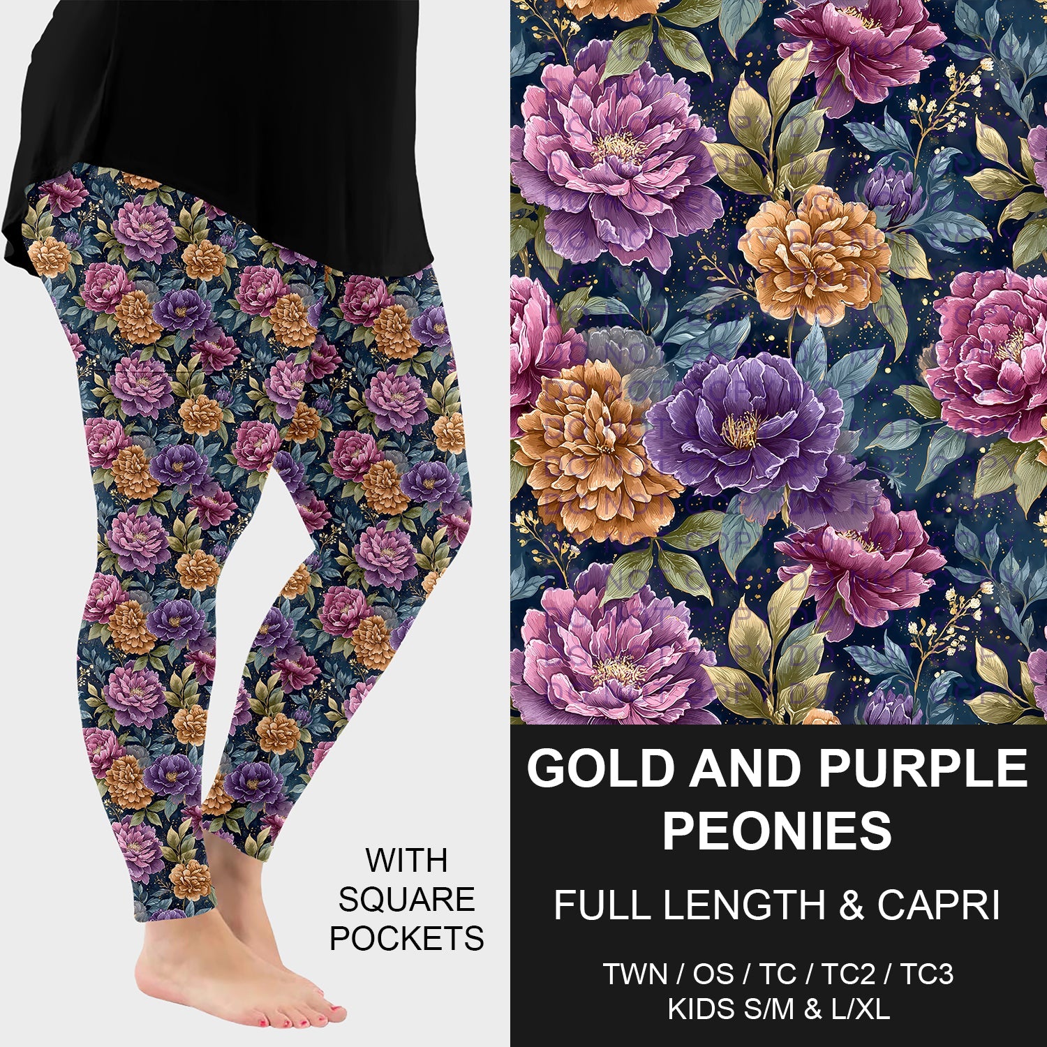 B278 - Preorder Gold and Purple Peonies Leggings w/ Pockets (Closes 3/15. ETA: late May)
