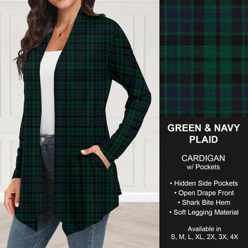 B268 - Preorder Green and Navy Plaid Cardigan w/ Pockets (Closes 12/28. ETA: mid Feb.)