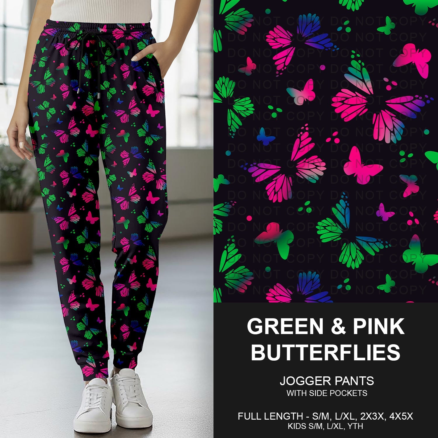 B264 - Preorder Green & Pink Butterflies Jogger Pants (Closes 12/07. ETA early Feb.)