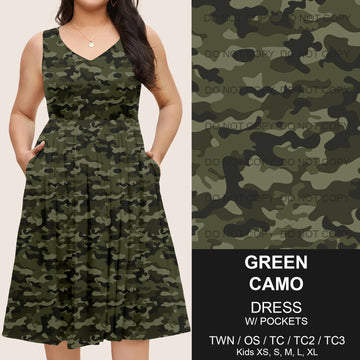 B217 - Preorder Green Camo Sleeveless Pocket Dress (Closes 3/12. ETA: late May)