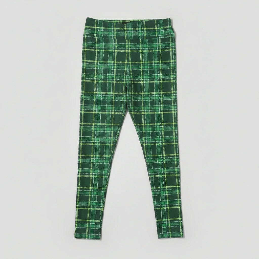 Green Plaid Print Soft High Waisted Leggings - St. Patrick’s Day Tartan Plaid, Aesthetic Dark Green & Lime Checkered Leggings