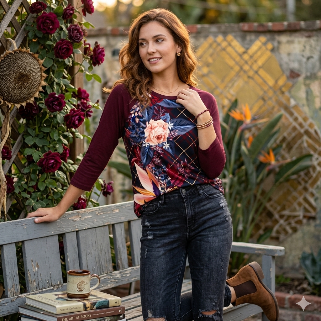 Autumn Floral Plaid Raglan Top