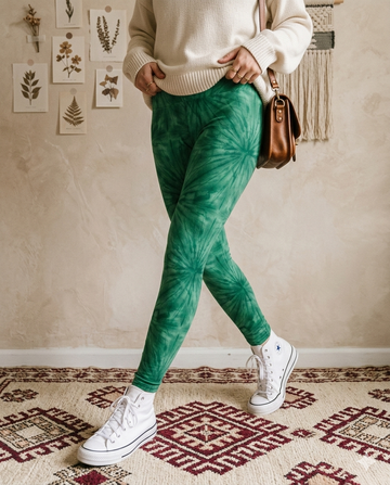 Emerald Green Sunburst Tie Dye Print High Waisted Leggings