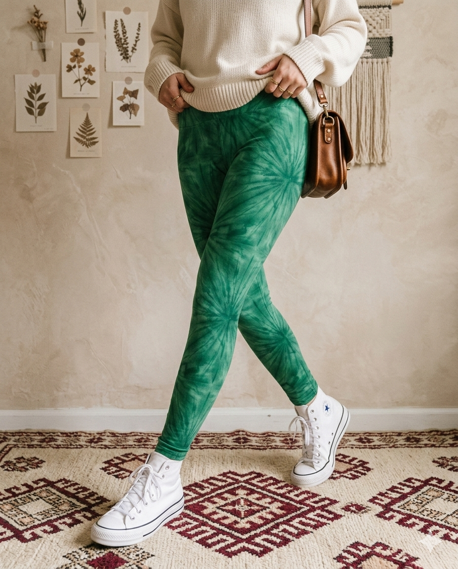 Emerald Green Sunburst Tie Dye Print High Waisted Leggings