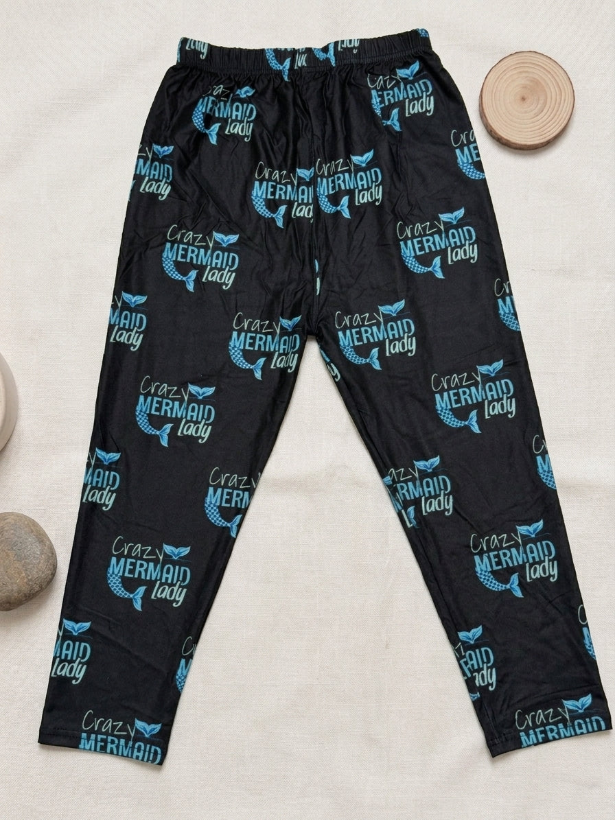 Crazy Mermaid Lady Print Black Capri Leggings