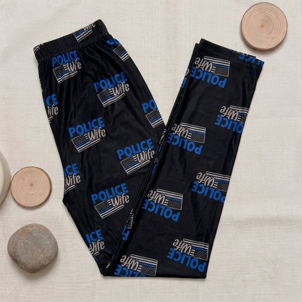 Police Wife Blue Stripe Flag Print Black Leggings