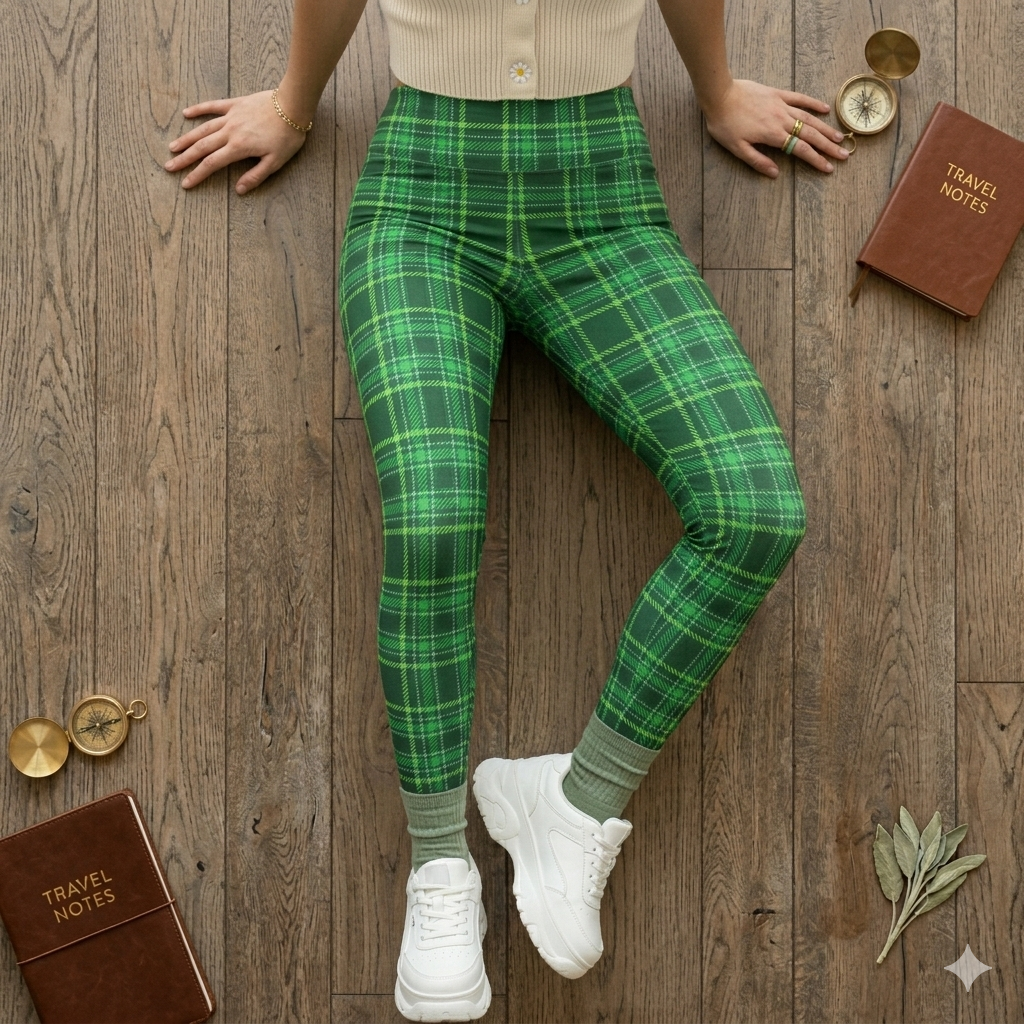 Green Plaid Print Soft High Waisted Leggings - St. Patrick’s Day Tartan Plaid, Aesthetic Dark Green & Lime Checkered Leggings