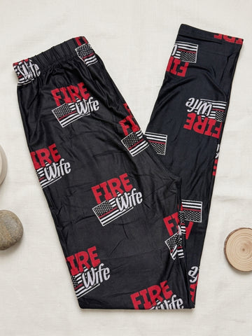 Fire Wife Red Stripe Flag Print Black Leggings