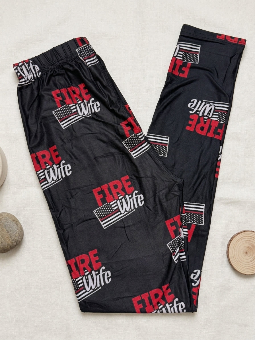 Fire Wife Red Stripe Flag Print Black Leggings