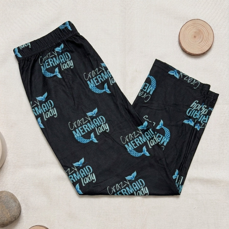 Crazy Mermaid Lady Print Black Capri Leggings