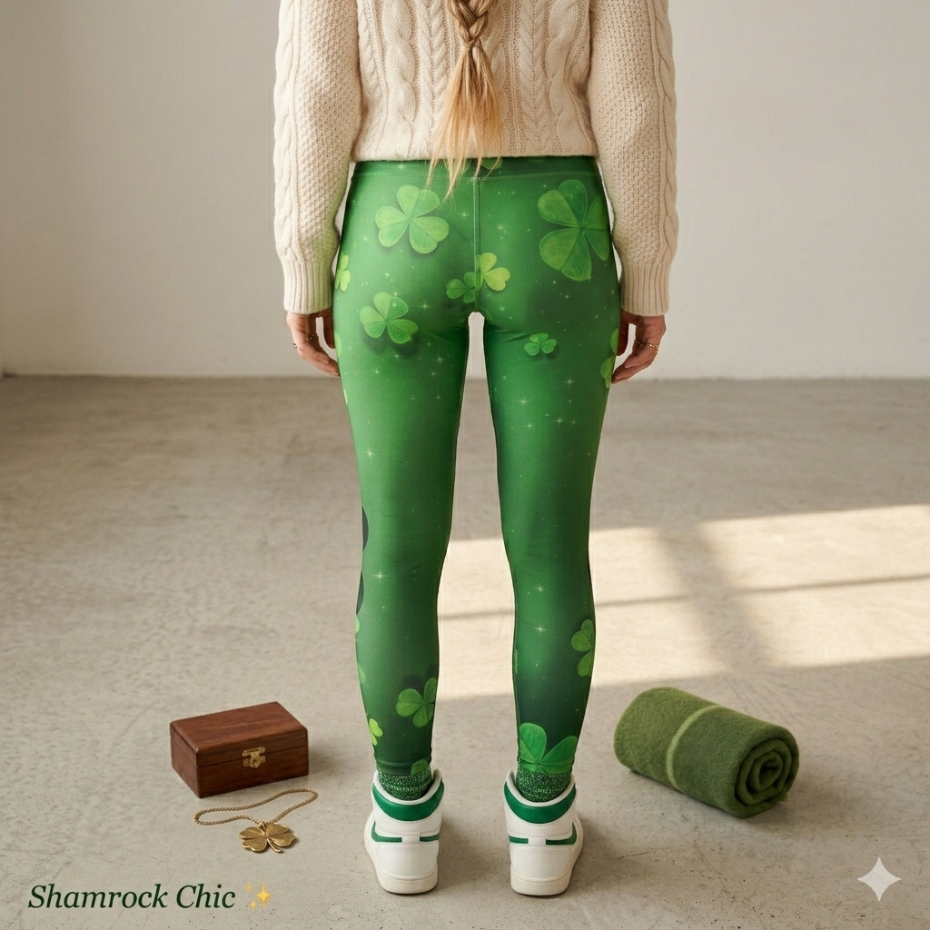 Lucky Shamrock Clover Green Print Soft High Waisted Leggings