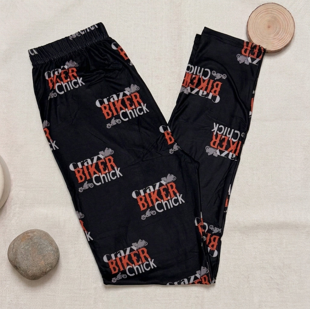 Crazy Biker Lady Print Black Leggings