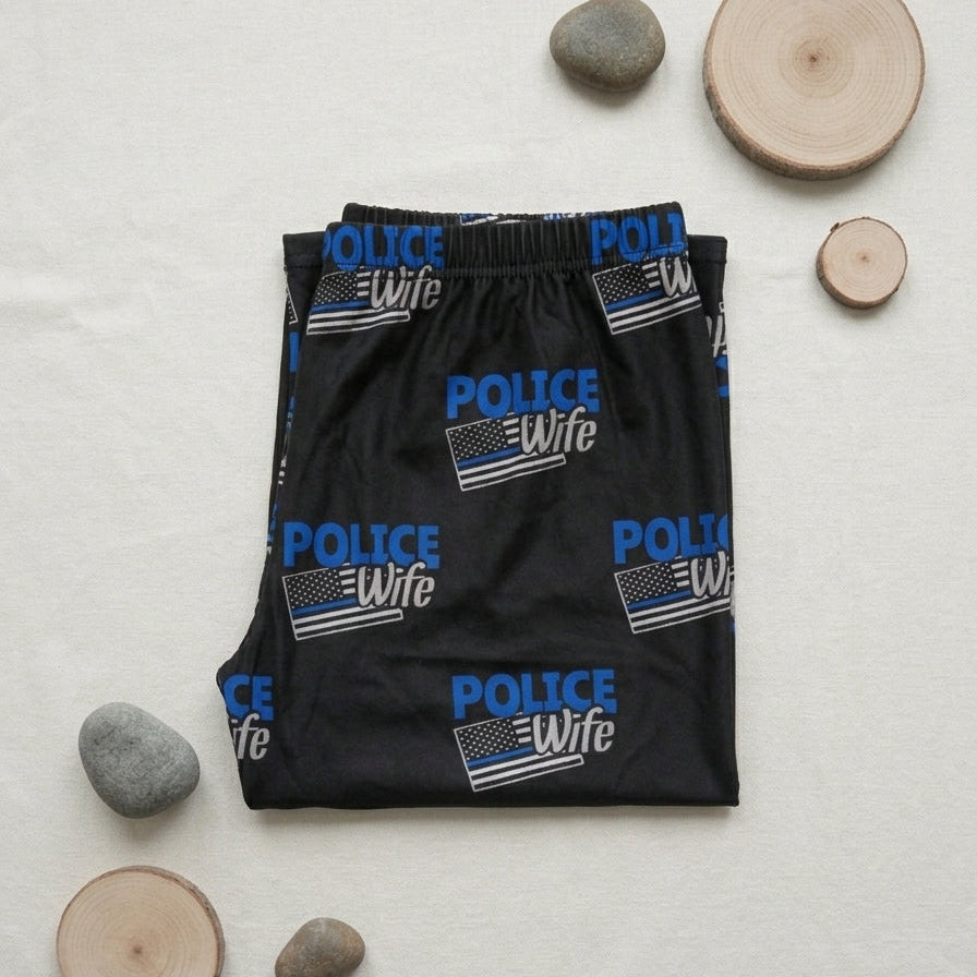 Police Wife Blue Stripe Flag Print Black Leggings