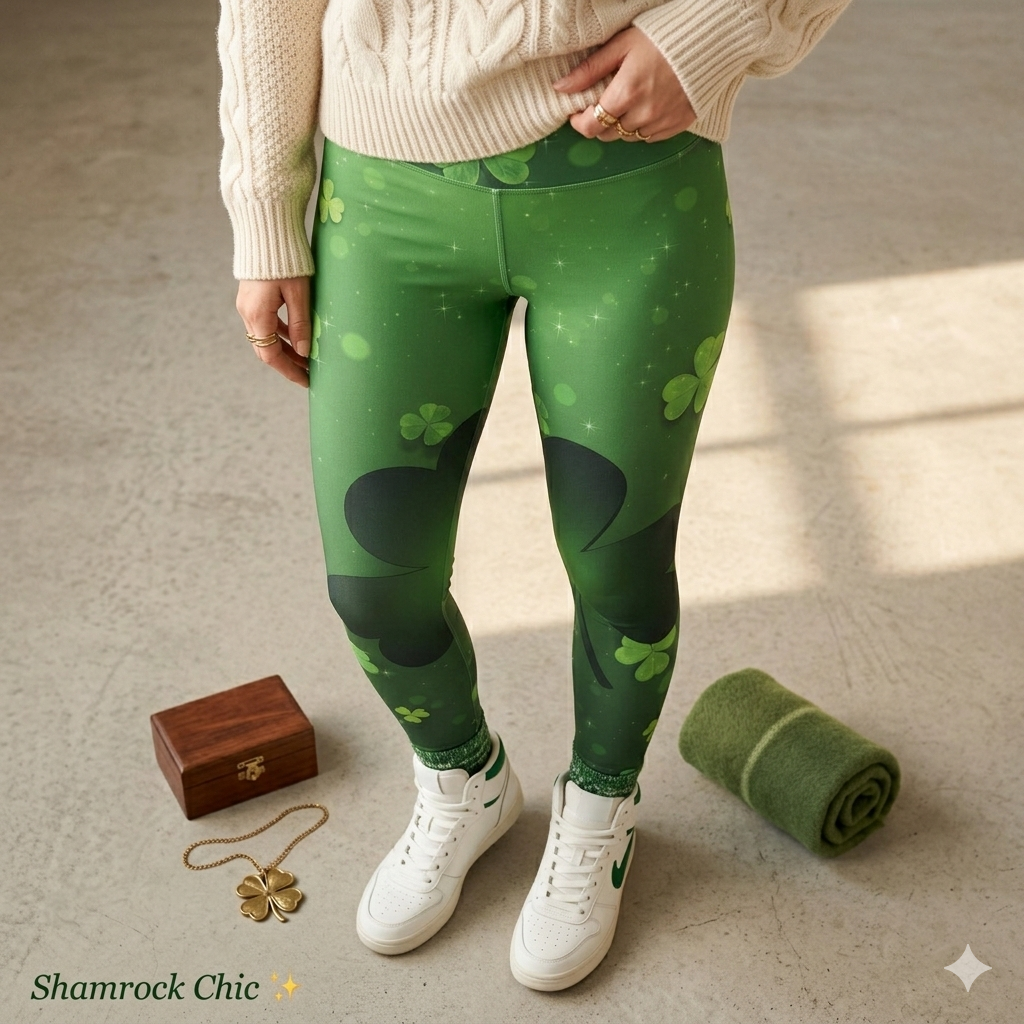 Lucky Shamrock Clover Green Print Soft High Waisted Leggings