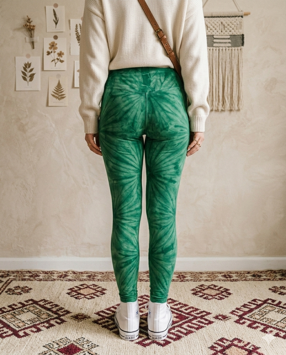 Emerald Green Sunburst Tie Dye Print High Waisted Leggings