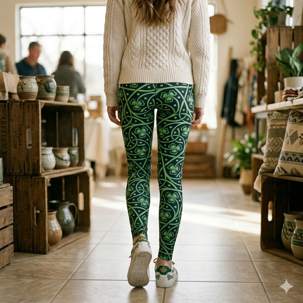 St. Patrick's Day Celtic Shamrock Leggings – Green & Black Luck of the Irish Yoga Pants, Festive Holiday Athleisure, Celtic Knot Patterned Tights