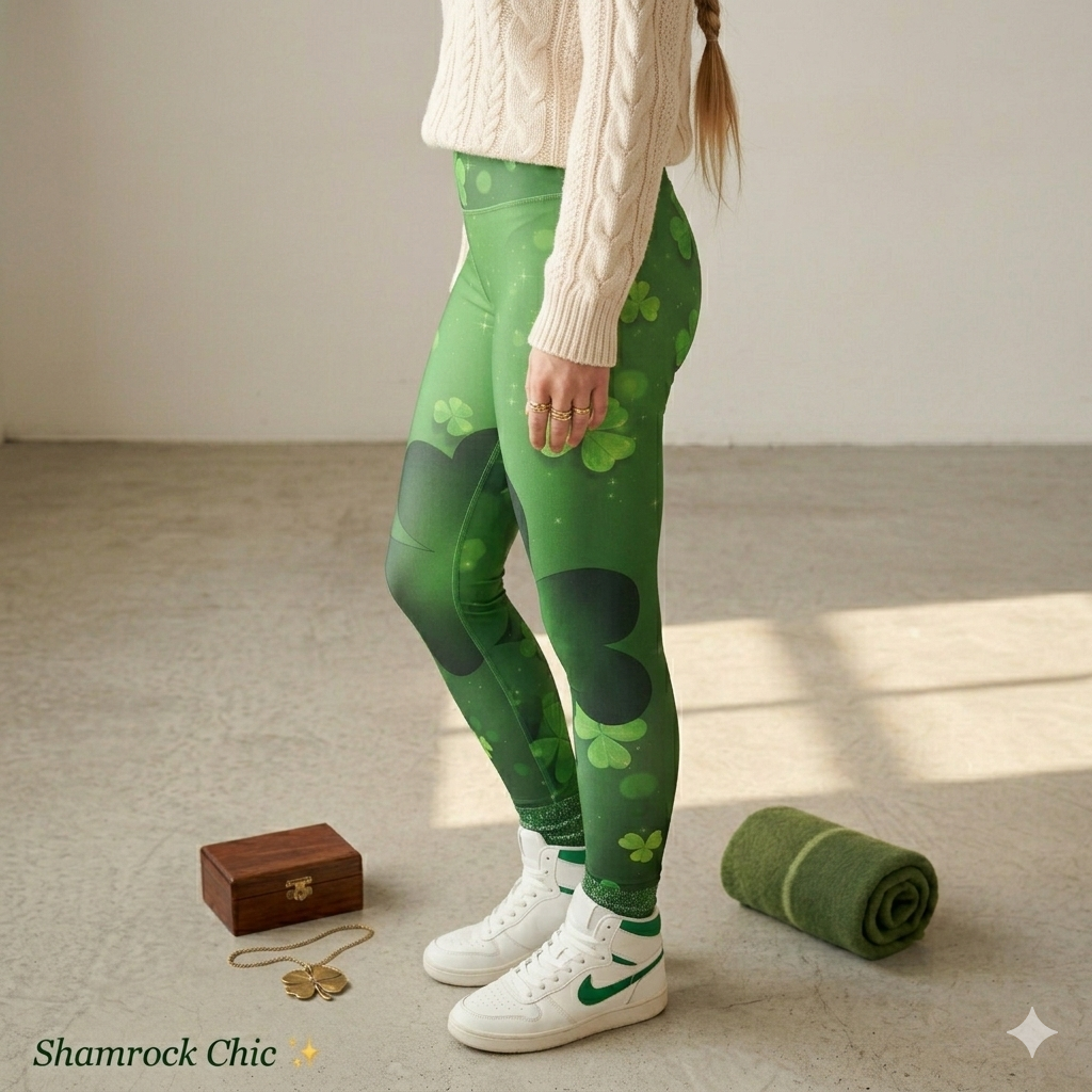 Lucky Shamrock Clover Green Print Soft High Waisted Leggings