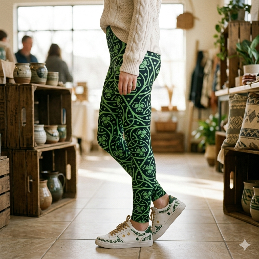St. Patrick's Day Celtic Shamrock Leggings – Green & Black Luck of the Irish Yoga Pants, Festive Holiday Athleisure, Celtic Knot Patterned Tights