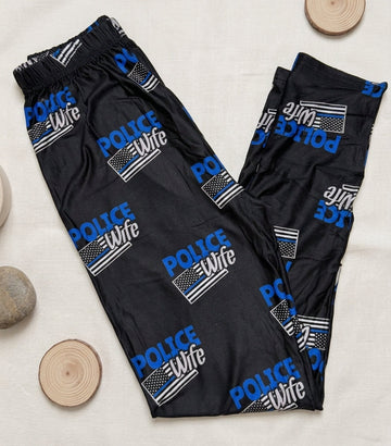 Police Wife Blue Stripe Flag Print Black Leggings