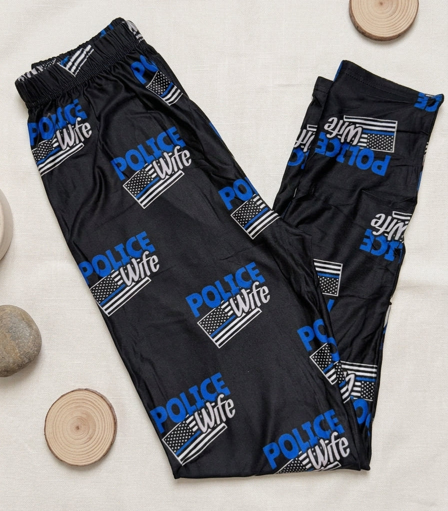 Police Wife Blue Stripe Flag Print Black Leggings