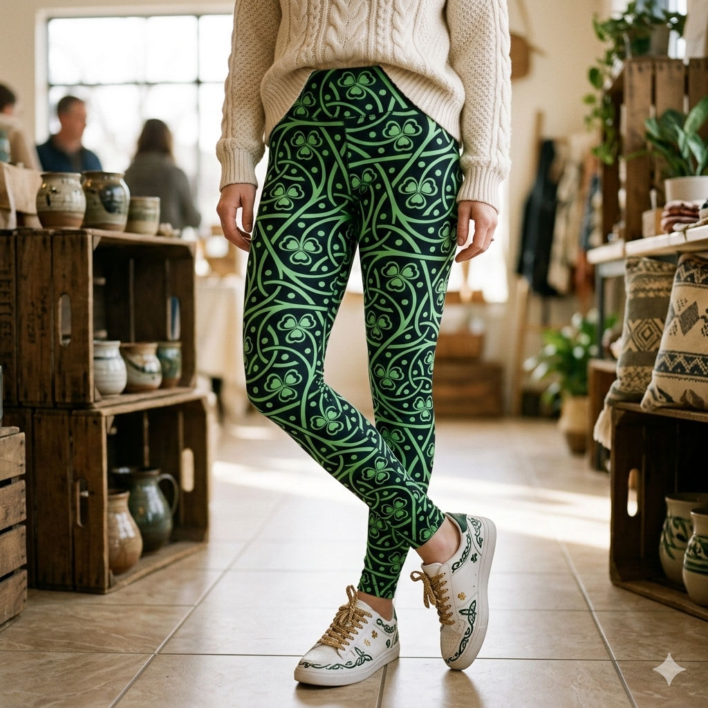 St. Patrick's Day Celtic Shamrock Leggings – Green & Black Luck of the Irish Yoga Pants, Festive Holiday Athleisure, Celtic Knot Patterned Tights