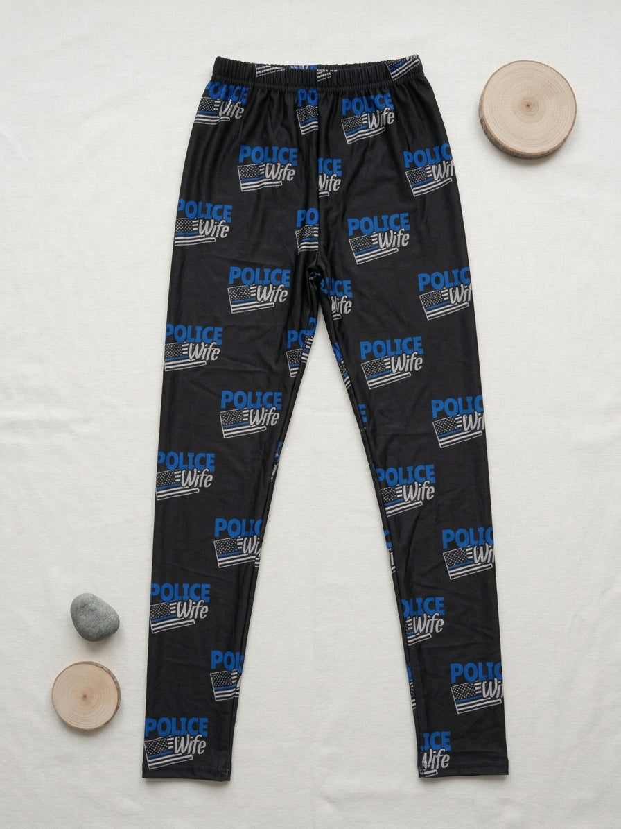 Police Wife Blue Stripe Flag Print Black Leggings