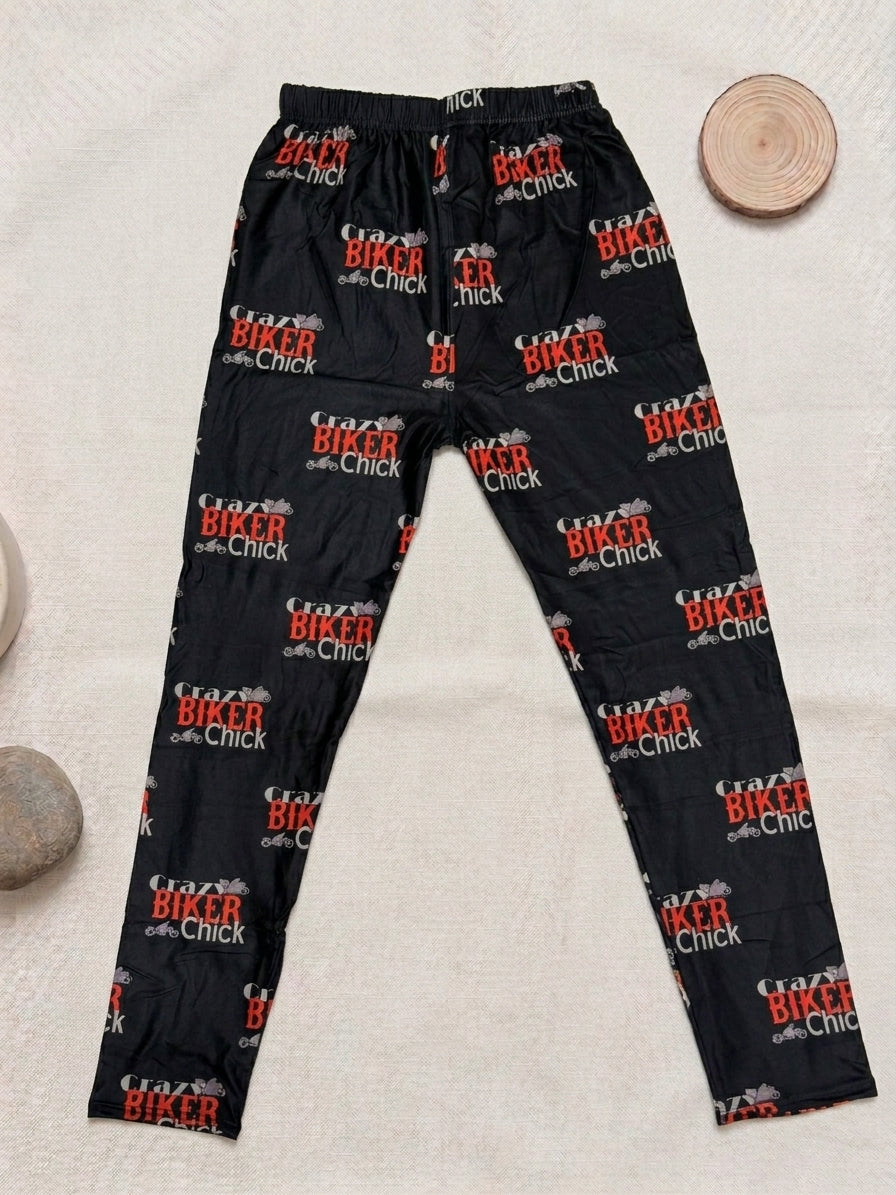 Crazy Biker Lady Print Black Leggings