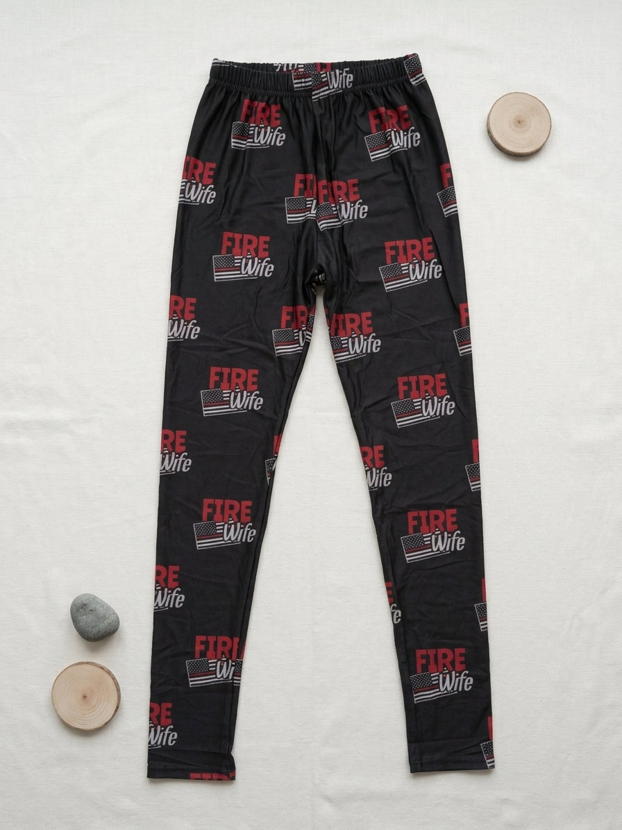 Fire Wife Red Stripe Flag Print Black Leggings