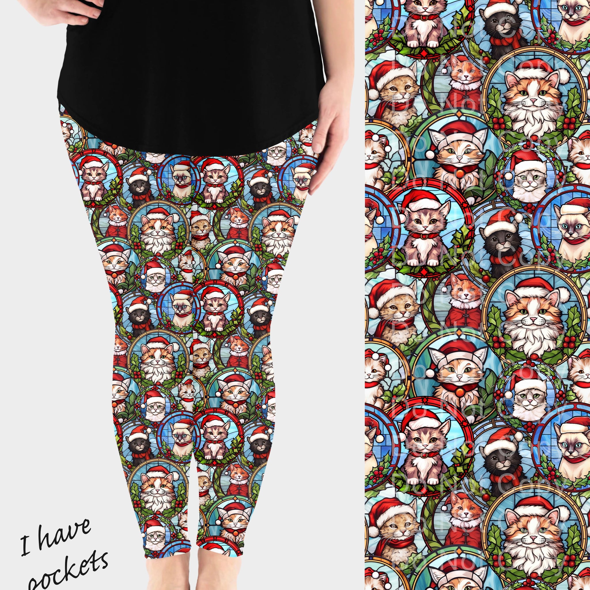 RTS - Glass Holiday Cats Leggings w/ Pockets