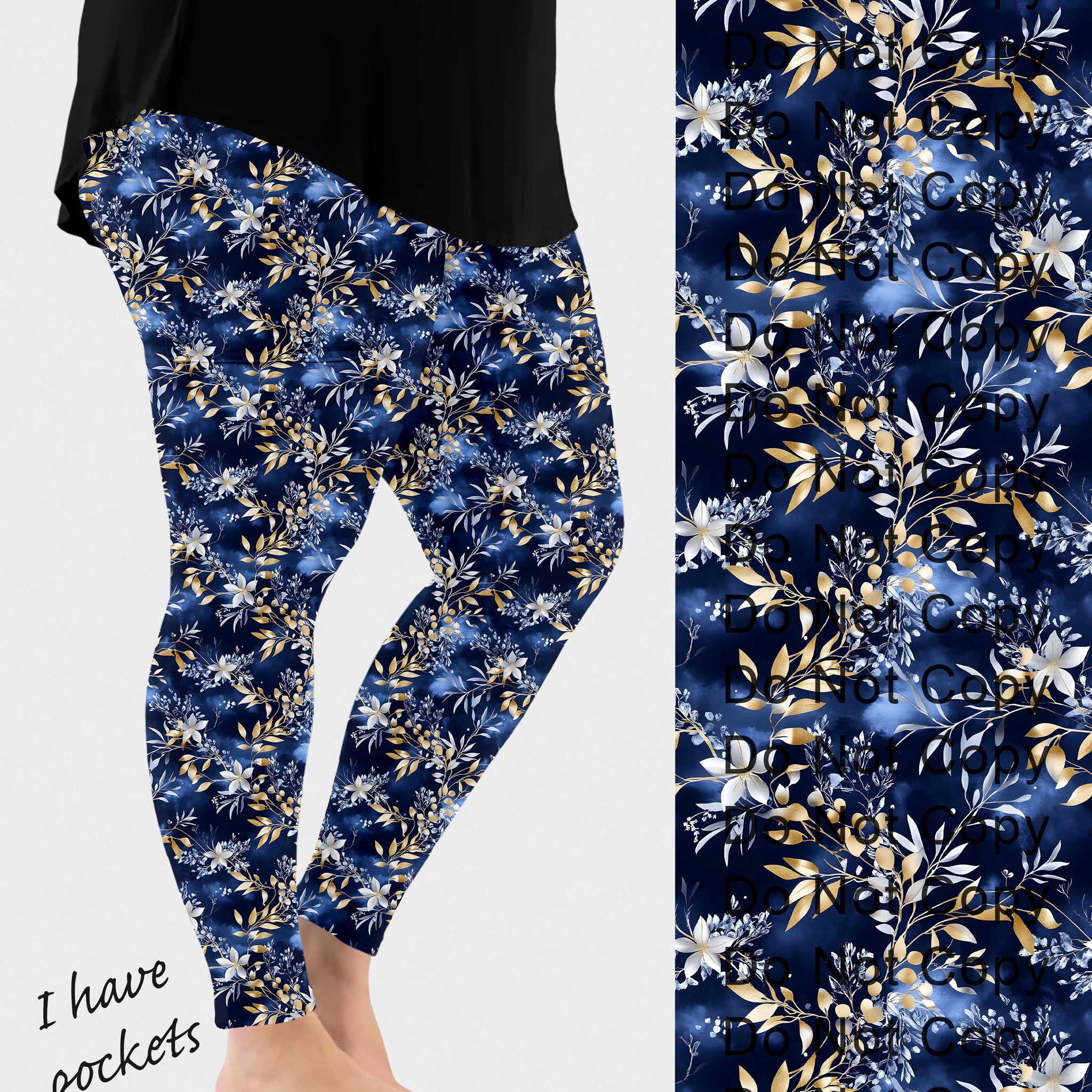 RTS - Golden Blue Floral Leggings w/ Pockets