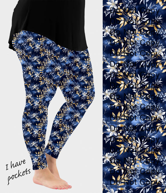 RTS - Golden Blue Floral Leggings w/ Pockets