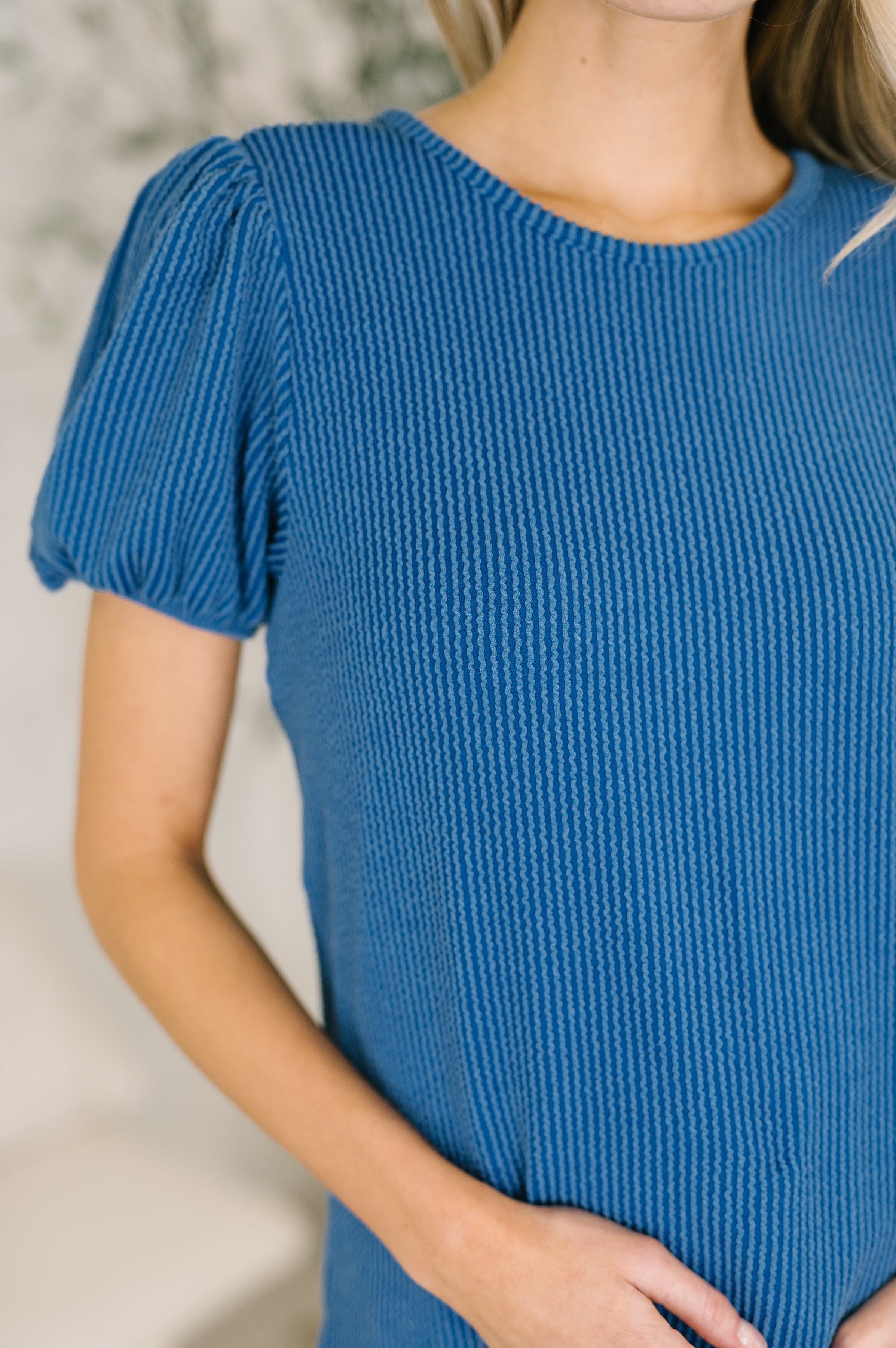 Grace & Virtue Balloon Sleeve Blouse in Ocean Blue