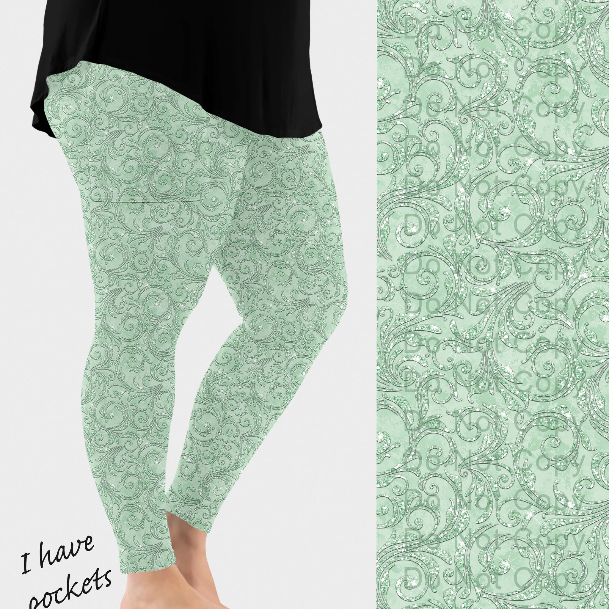 RTS - Green Paisley Sparkle Leggings w/ Pockets
