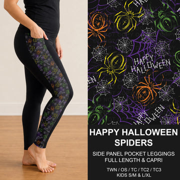 B305 - Preorder Happy Halloween Spiders Side Panel Pocket Leggings (Closes 8/02. ETA: early Oct.)
