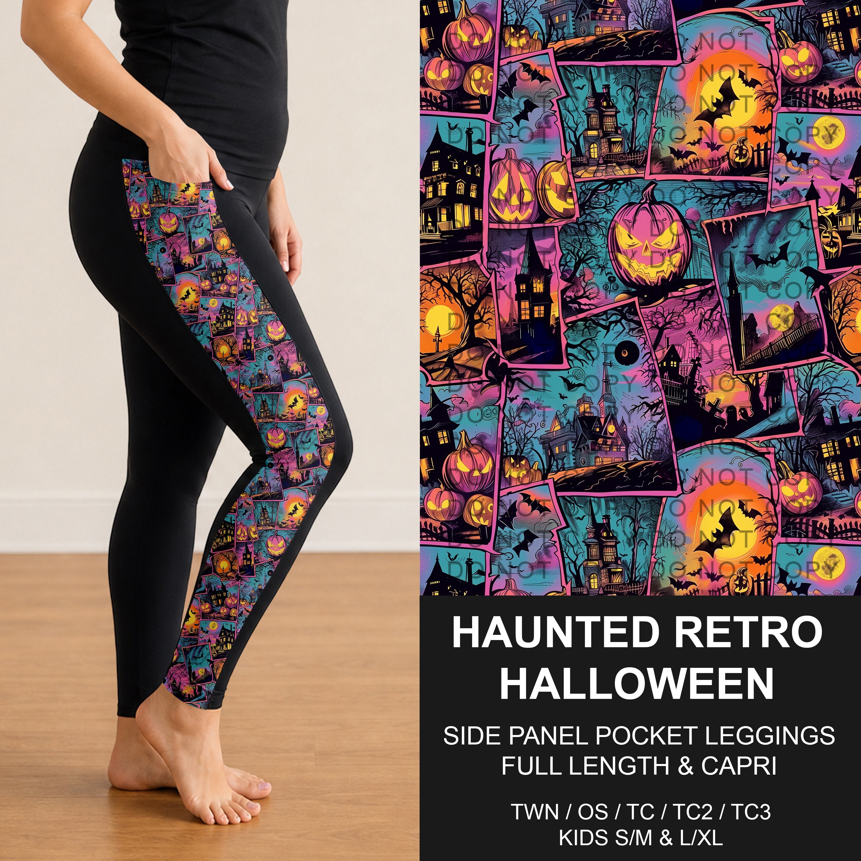 B305 - Preorder Haunted Retro Halloween Side Panel Pocket Leggings (Closes 8/02. ETA: early Oct.)
