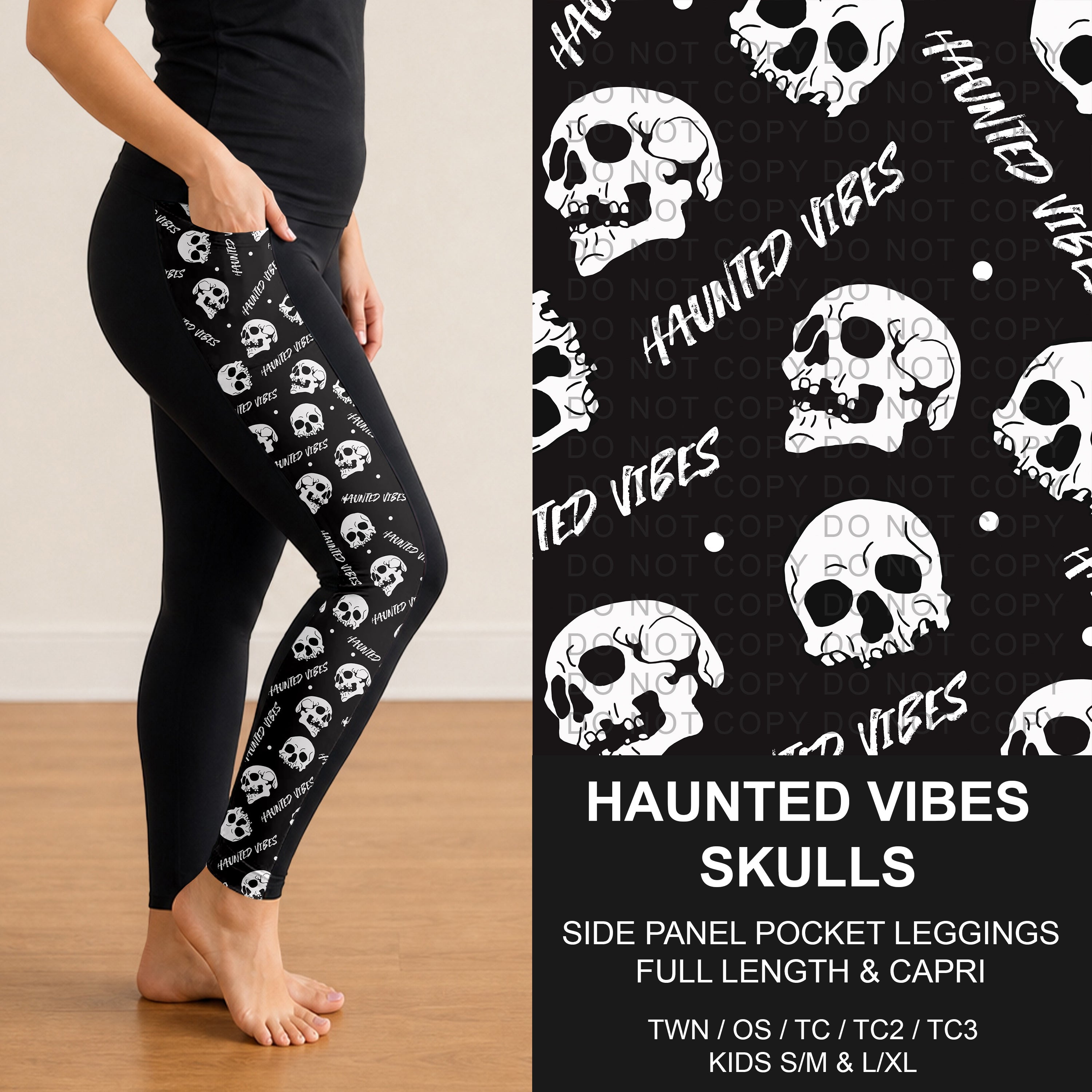 B307 - Preorder Haunted Vibes Skulls Side Panel Pocket Leggings (Closes 8/02. ETA: early Oct.)