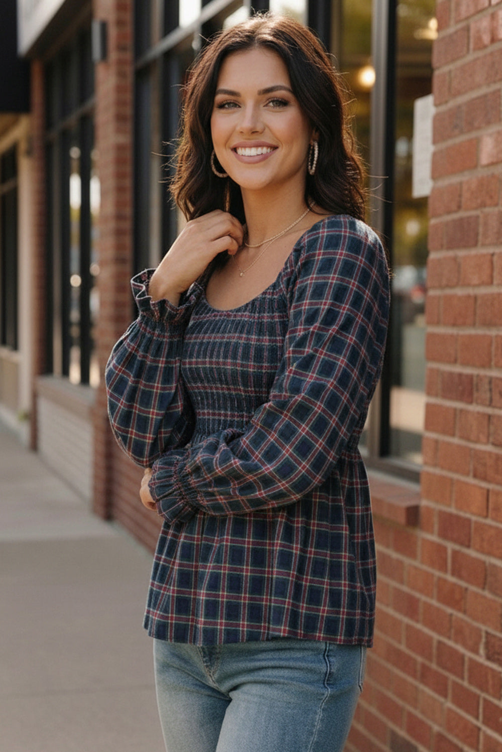 Sweetheart Smocked Navy Plaid Top