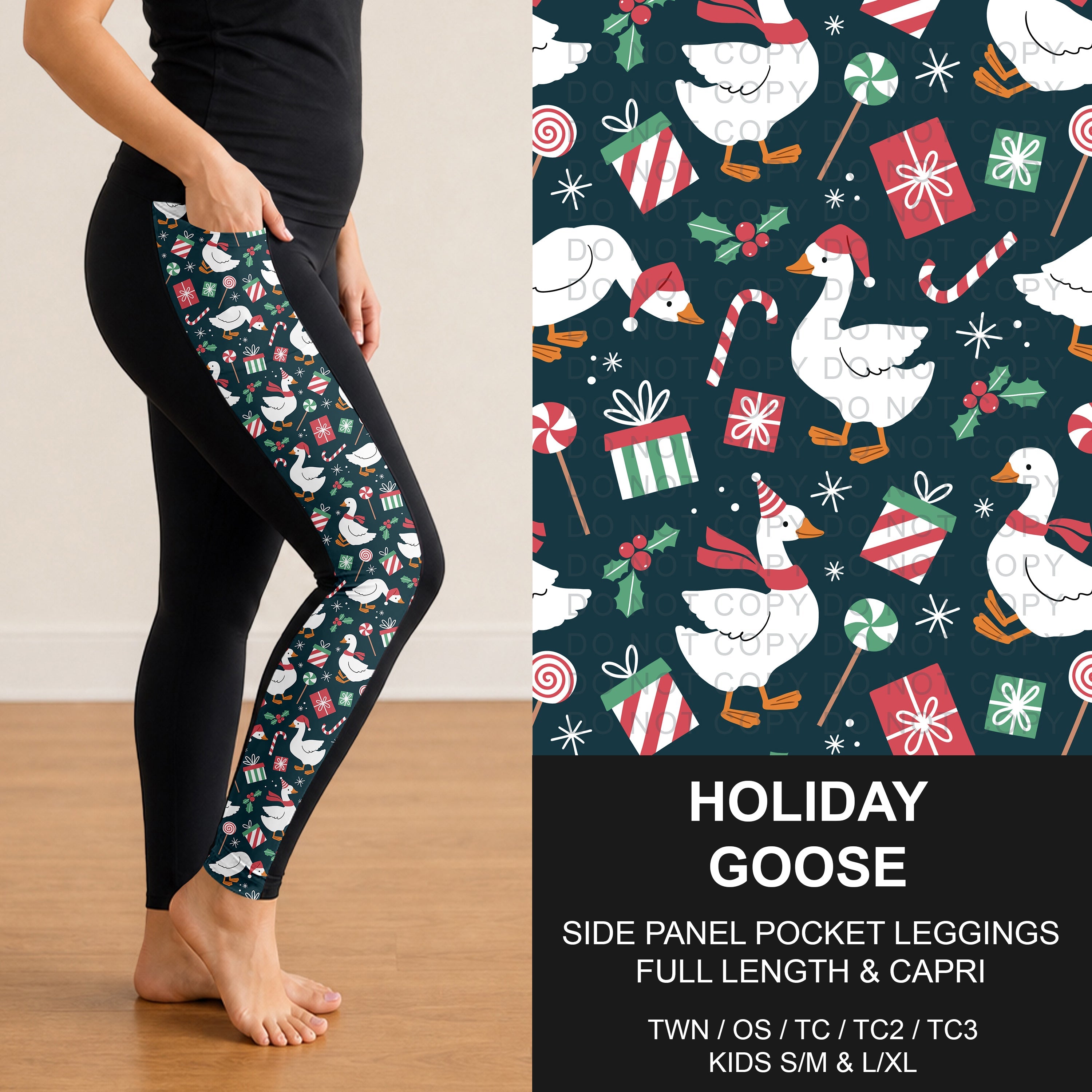 B312 - Preorder Holiday Goose Side Panel Pocket Leggings (Closes 9/13. ETA: mid Nov.)