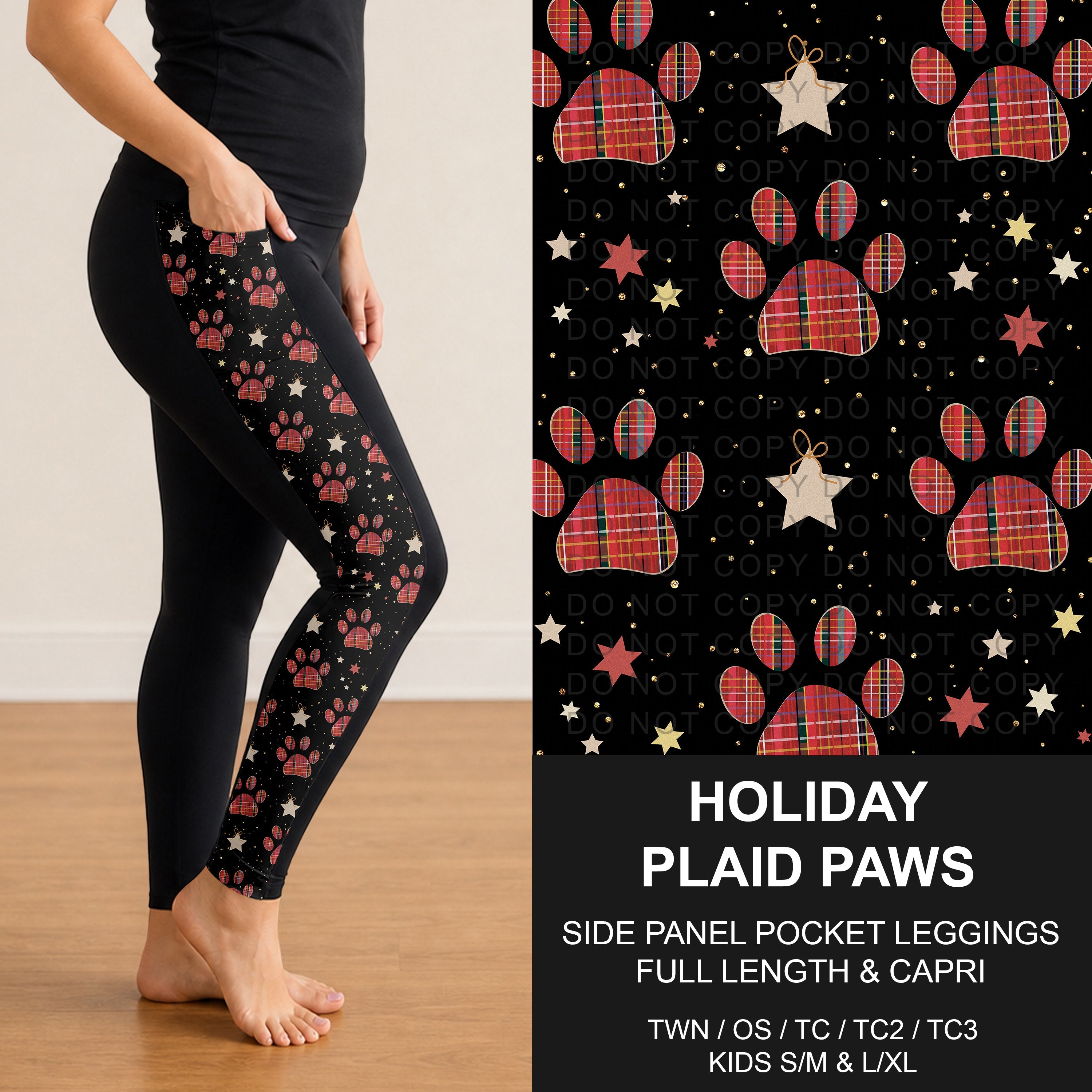 B303 - Preorder Holiday Plaid Paws Side Panel Pocket Leggings (Closes 7/26. ETA: early Oct.)