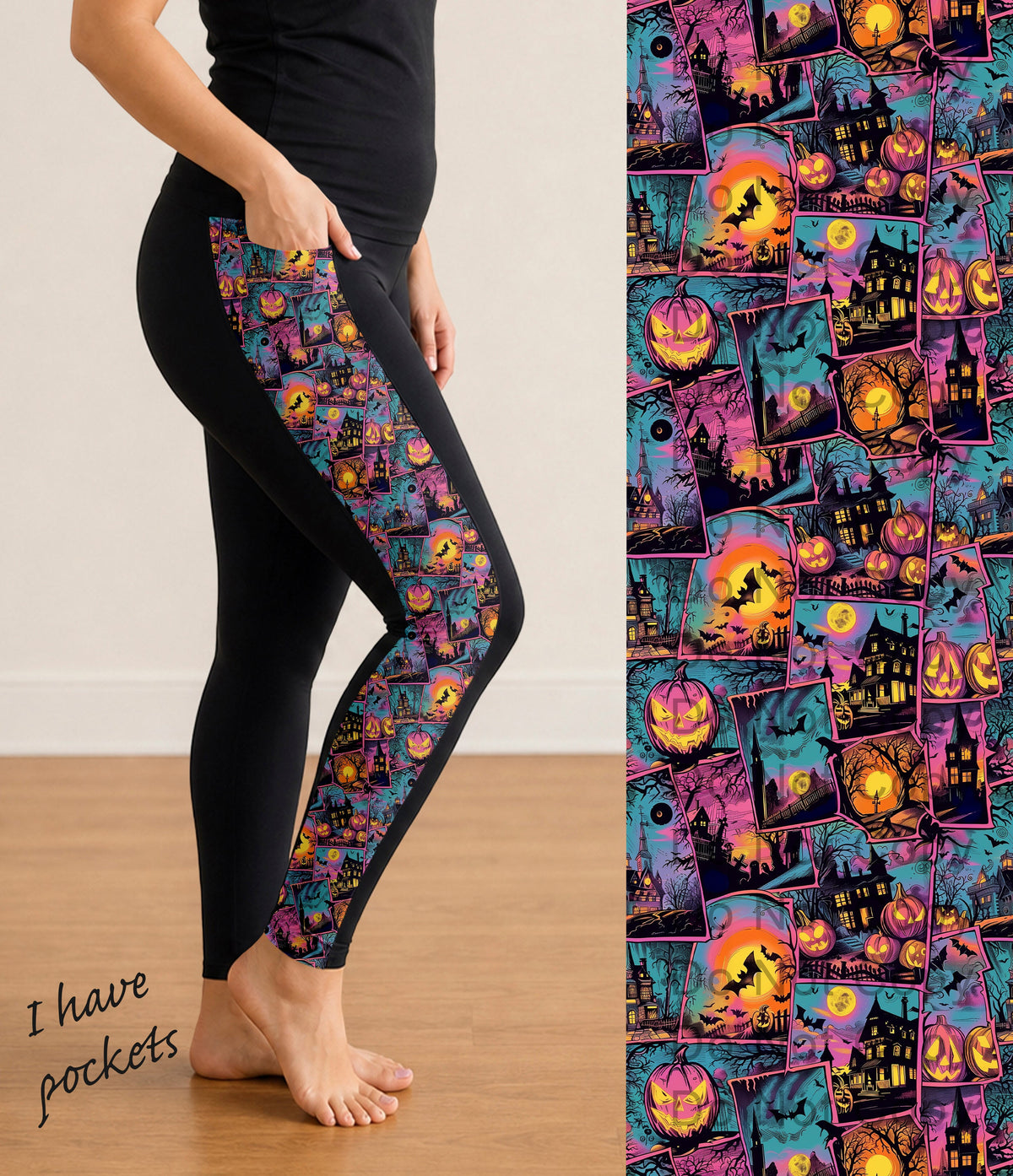 RTS - Haunted Retro Halloween Side Panel Leggings with Pockets