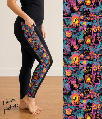 RTS - Haunted Retro Halloween Side Panel Leggings with Pockets