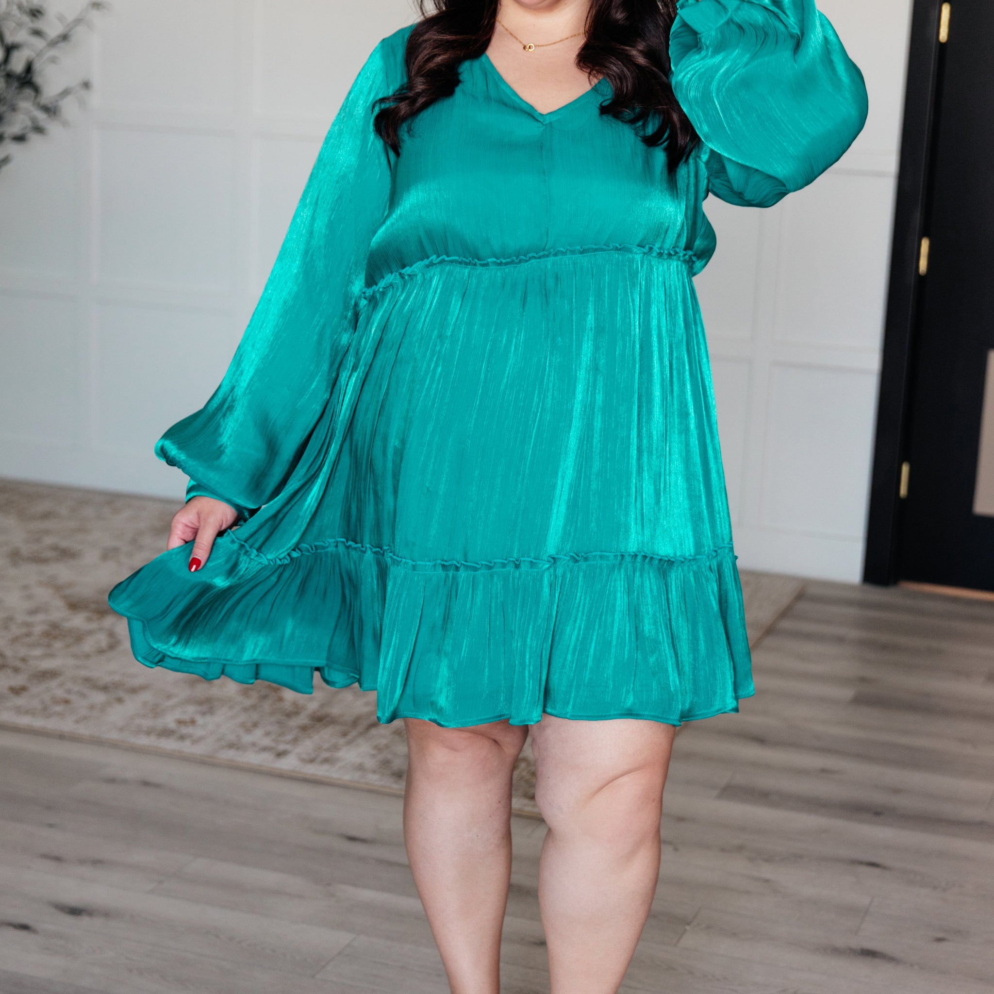 Head Held High V-Neck Balloon Sleeve Dress