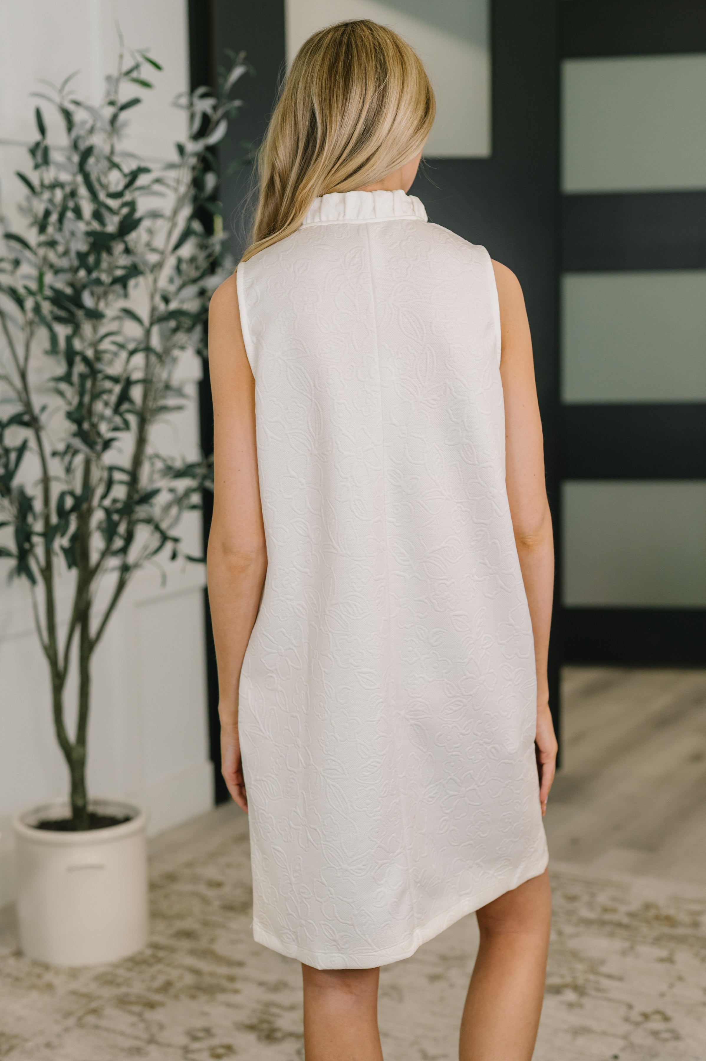 High Tide High Neck Embossed Sleeveless Dress in Off White