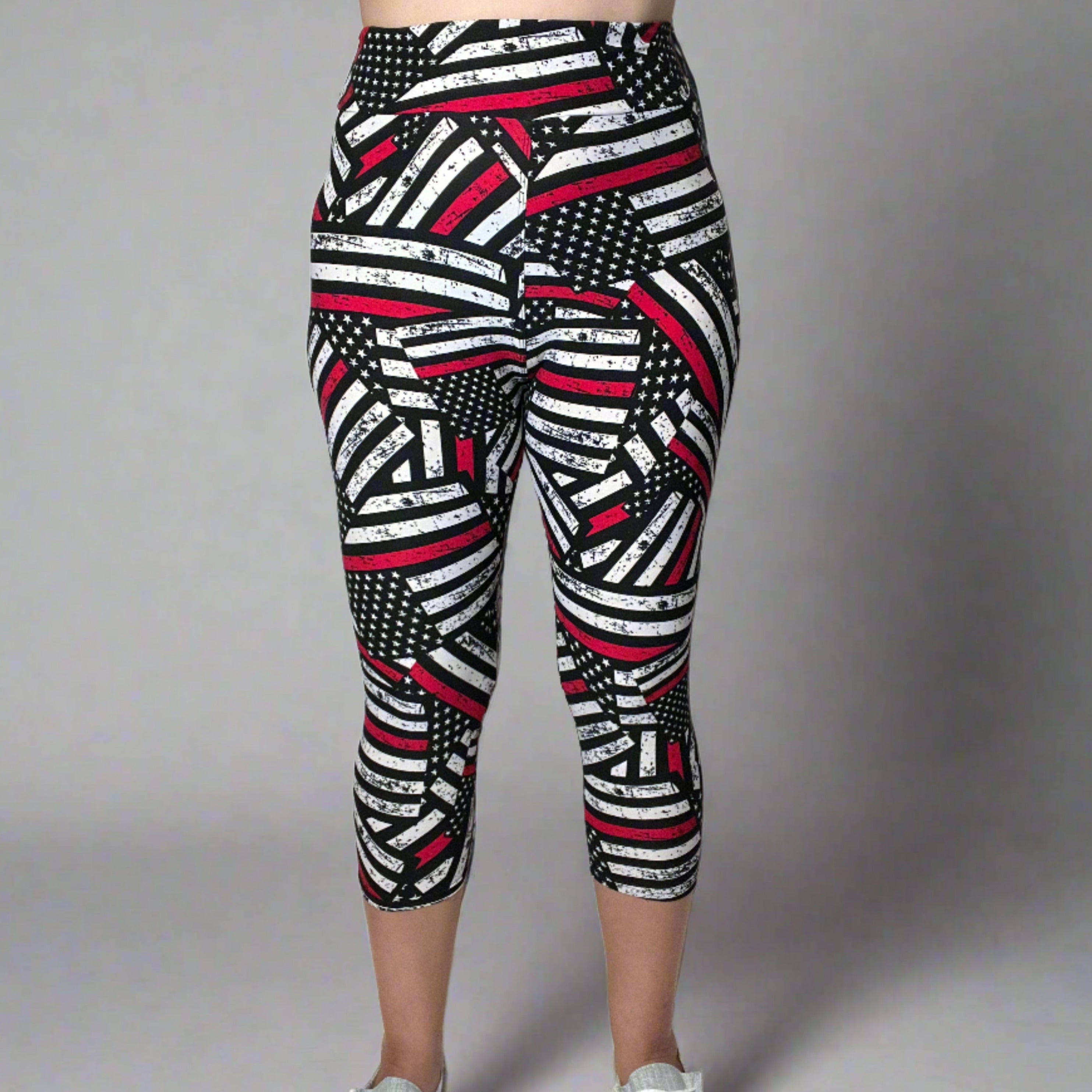 Firefighter Support Thin Red Line Flag Print Soft Leggings - Capri or Full Length