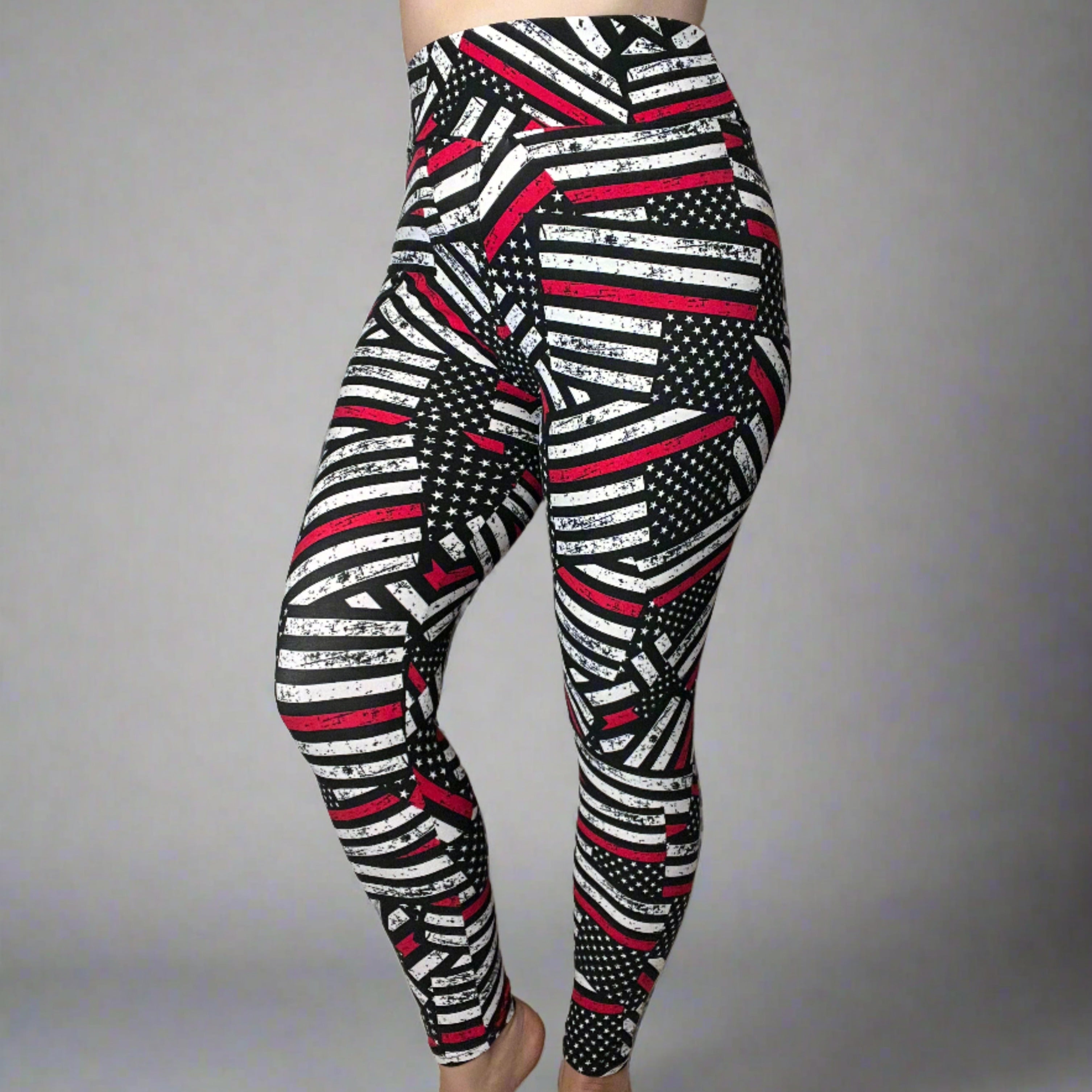 Firefighter Support Thin Red Line Flag Print Soft Leggings - Capri or Full Length