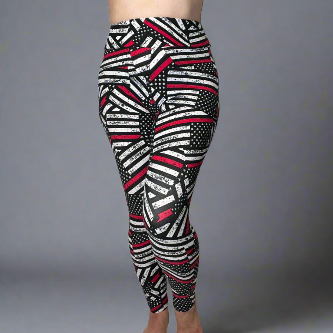 Firefighter Support Thin Red Line Flag Print Soft Leggings - Capri or Full Length