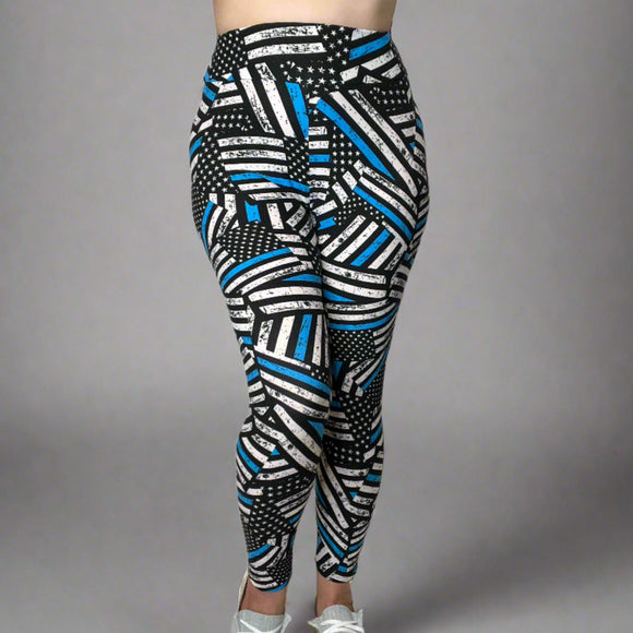 Thin Blue Line Flag Print Soft Leggings - Comfortable & Supportive for Everyday Wear - Capri or Full Length