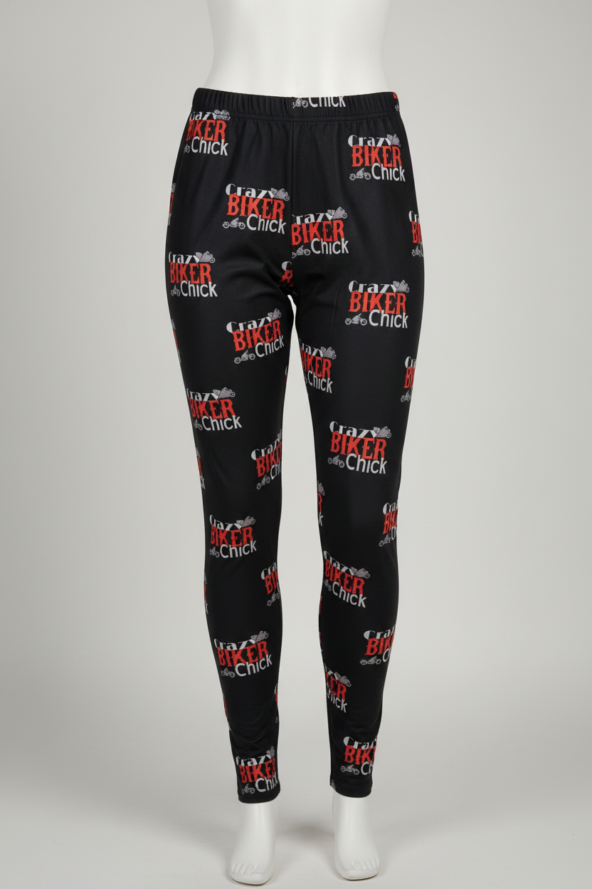 Crazy Biker Lady Print Black Leggings