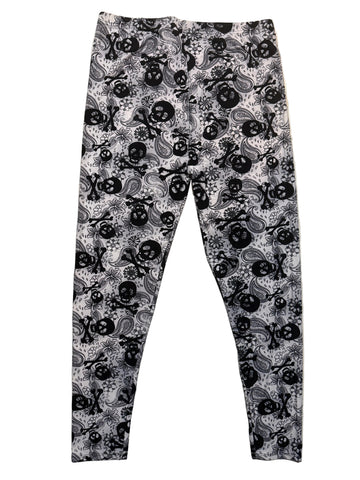 B&W Paisley Skull Crossbones Print Soft Leggings