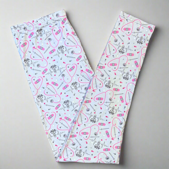 Medical Profession-Themed Leggings - Soft and Stretchy, Gray with Pink & White Accents - Comfortable Scrubs Alternative